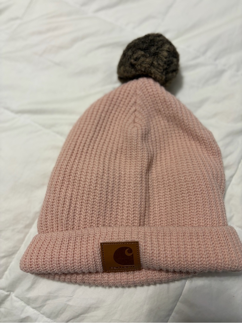 Carhartt Women's Knit Pom-Pom Beanie - Dusty Rose Pink Layered Winter Hat
